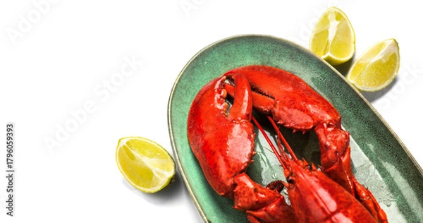 Obraz Lobster isolated on white, Lobster seafood, gourmet food, steamed lobster with big claws on a plate with lemon, top view, flat lay, from above. Border art design, close-up. 