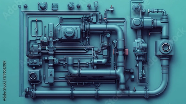 Fototapeta A blue pipe with a red valve on it. The valve is on the right side of the pipe