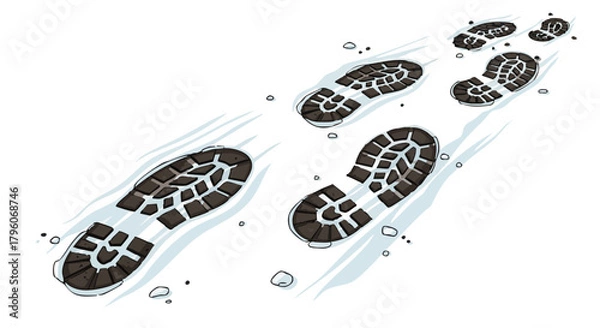 Fototapeta Boot prints in icy mud on a bright white background  