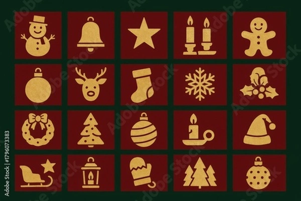Fototapeta Festive holiday symbols in gold ornamentation including snowman, reindeer, and Christmas tree emerging from dark green backdrop creating a joyful seasonal ambiance