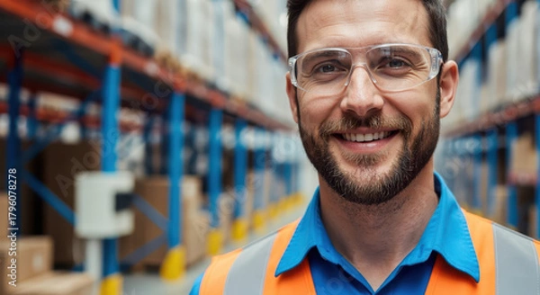 Obraz Employé d’entrepôt français en uniforme, portrait devant un entrepôt moderne avec boîtes en carton