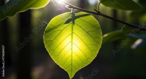 Fototapeta Close-up of a vibrant green leaf illuminated by sunlight with a blurred natural background, showcasing the intricate vein structure and fresh foliage