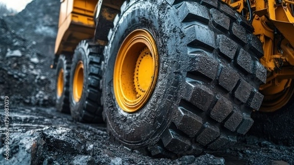 Fototapeta Heavy Duty Mining Truck Tire in Muddy Terrain