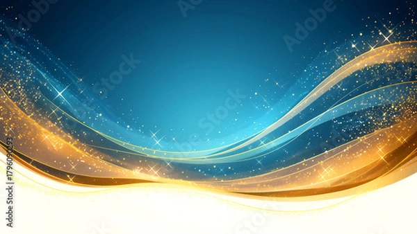 Obraz 豪華なゴールドの波と輝く光の青い背景