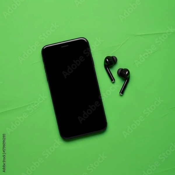 Fototapeta A modern smartphone with black wireless earbuds placed on a vibrant green background, showcasing technology accessories and digital gadgets