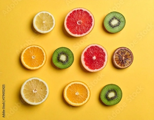 Fototapeta A minimalist top-down flat lay of various sliced fruits arranged with ample negative space, bold contrasting colors