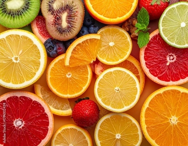 Fototapeta A minimalist top-down flat lay of various sliced fruits arranged with ample negative space, bold contrasting colors, clean modern aesthetic, realistic high-detail