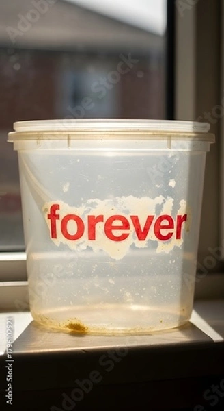 Fototapeta A transparent plastic container with the word 'forever' in bold red letters placed on a windowsill, with a blurred outdoor background visible through the window