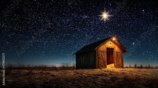 Obraz Starry Night Sky Over Rustic Wooden Shed Under Brilliant Celestial Lights on Peaceful Night Landscape