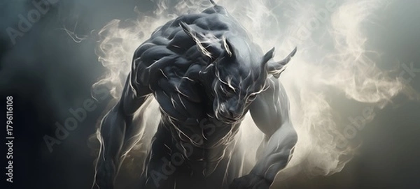 Fototapeta a light minotour liger dyrad coming out of the smoke.,generative AI
