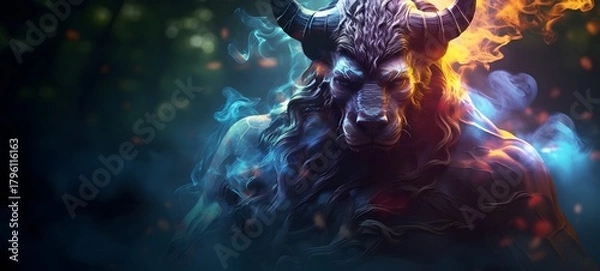 Fototapeta a light minotour liger dyrad coming out of the smoke.,generative AI
