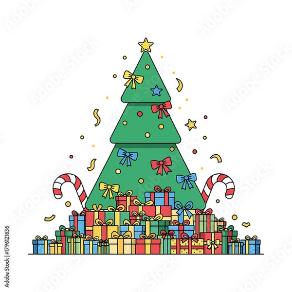 Fototapeta Flat 2D Clean Outlined Minimalist Modern Christmas Tree Adorned with Doodle Stars and Bright Gifts.
