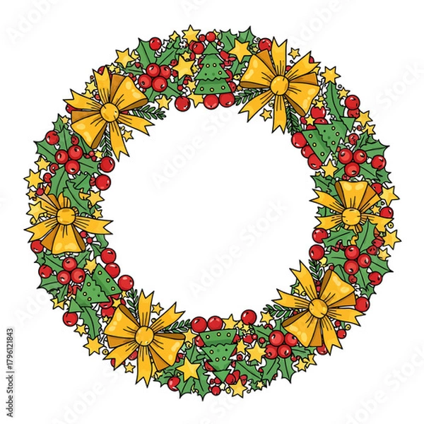 Fototapeta Detailed Circular Winter Holiday Wreath Border, Made Of Playful Doodle Elements.