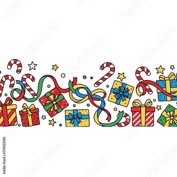 Fototapeta Clean outline horizontal festive border arrangement of scattered colorful candy canes, wrapped presents, and doodle stars.