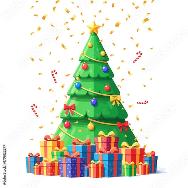 Fototapeta Bright Green Stylized Christmas Tree, Ornate Bows, Stacked Geometric Gifts, Falling Golden Confetti.