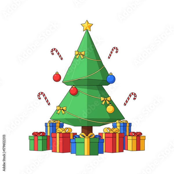 Fototapeta Beautifully Stylized Christmastime Centerpiece Arrangement, Displaying Symmetrically Stacked Gifts.