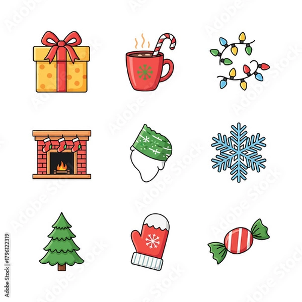 Fototapeta A Neat Grid Arrangement of Flat Style Christmas and Winter Icons, Featuring Cocoa Mug, Gift Box, and Fireplace Mantle.