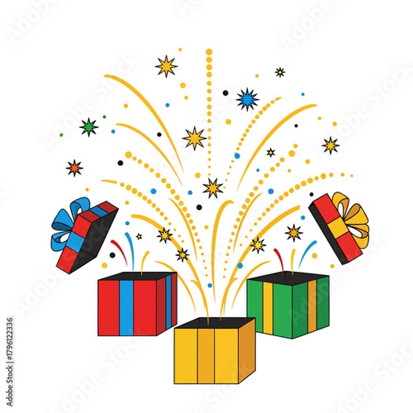 Fototapeta Abstract New Year Celebration Burst of Popping Gift Boxes and Golden Confetti.