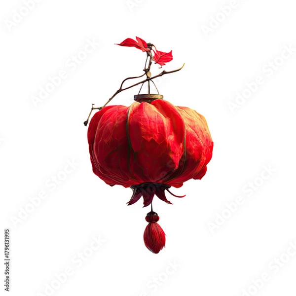 Fototapeta Floating red lantern, shaped like a flower, on black background