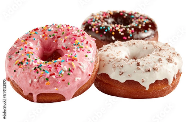 Fototapeta Three frosted donuts pink, chocolate, and white, topped with sprinkles