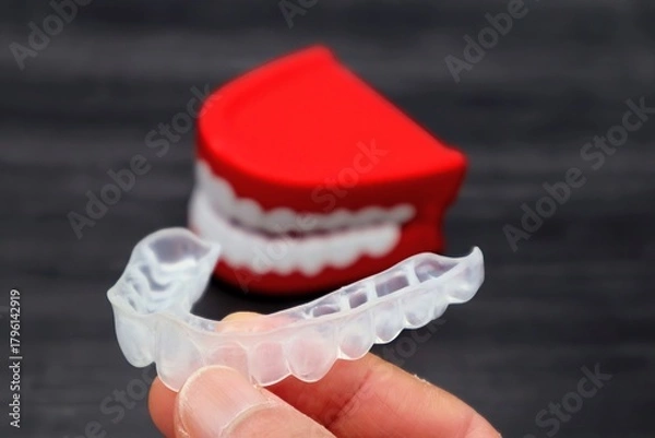 Obraz 歯の矯正用のマウスピースを持つ人物のクローズアップ