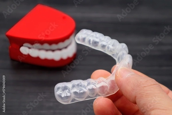 Obraz 歯の矯正用のマウスピースを持つ人物のクローズアップ