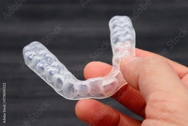 Obraz 歯の矯正用のマウスピースを持つ人物のクローズアップ