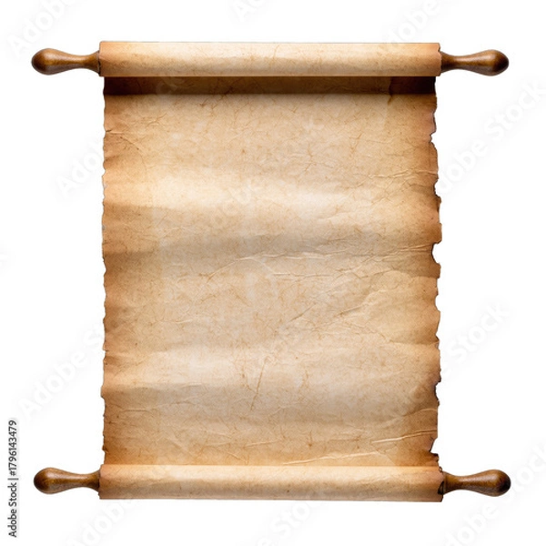 Fototapeta Ancient Rolled Parchment Scroll With Wooden Rods On A Transparent Background