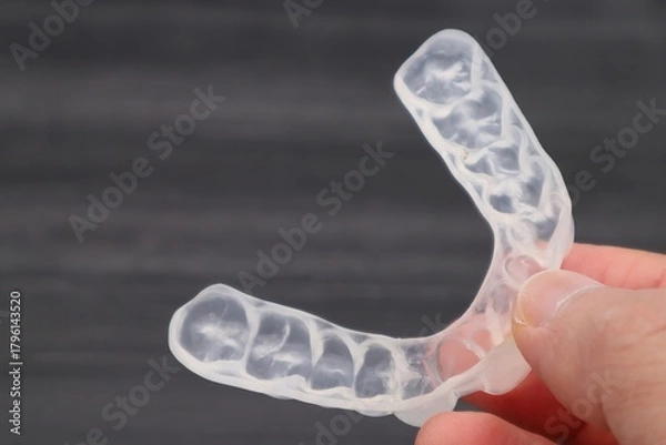 Obraz 歯の矯正用のマウスピースを持つ人物のクローズアップ