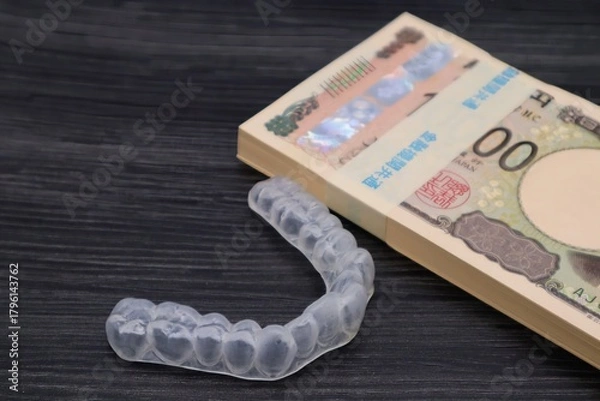 Obraz 歯の矯正用のマウスピースと札束