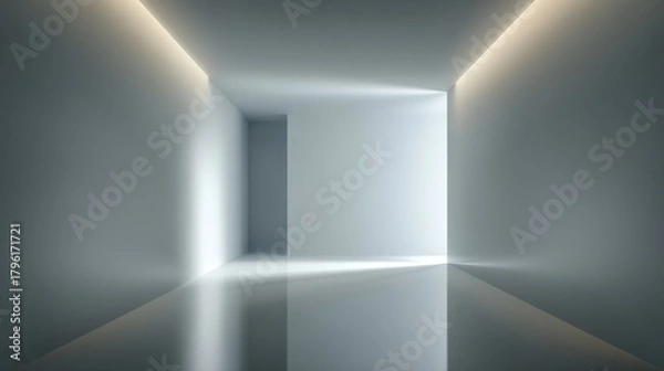 Fototapeta Minimalist Empty Modern Room with Soft Lighting and Reflective Floor in Neutral Tones, Ideal for Contemporary Design and Architectural Concepts