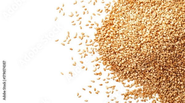 Obraz Whole sesame seeds with sesame powder overhead side by side on transparent background