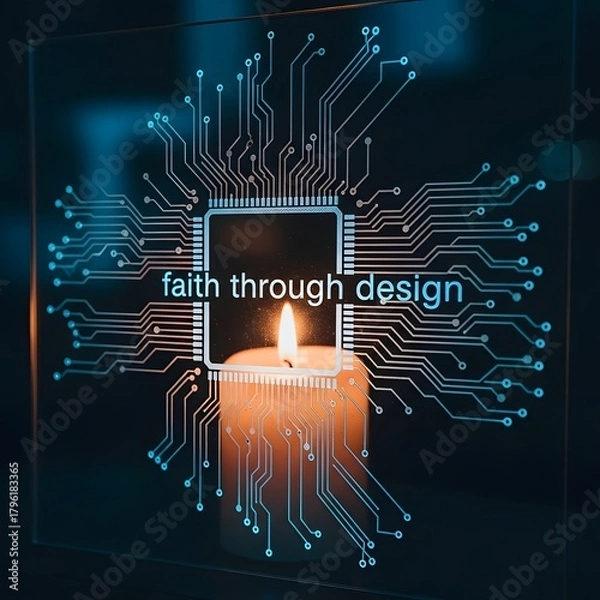 Fototapeta A digital artwork featuring a candle flame surrounded by a circuit board pattern with the words 'faith through design' in the center, symbolizing innovation and spirituality