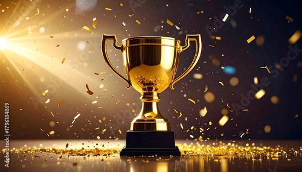 Obraz Golden Trophy Symbolizing Achievement and Success with Confetti.