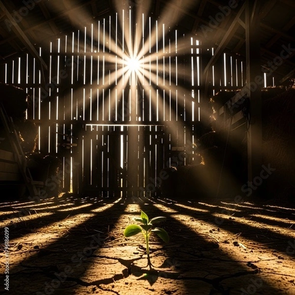 Fototapeta A young plant sprout growing in a rustic barn with sunlight streaming through the wooden slats, symbolizing growth and new beginnings in a rural setting