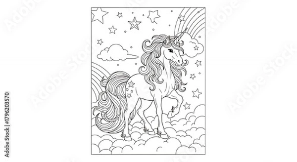 Fototapeta Black and White Unicorn Coloring Page with Stars Clouds and Rainbow for Children