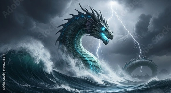 Fototapeta Mythical Sea Serpent Emerges from Stormy Ocean Waves Under Lightning.