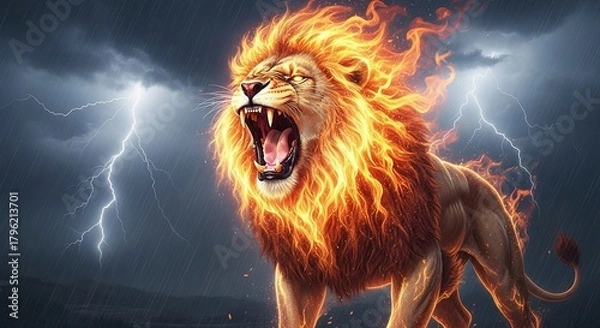 Obraz Roaring Lion Ablaze Amidst a Stormy Night with Lightning.