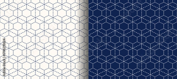 Obraz 刺し子風シームレスパターン　日本の伝統文様、霰亀甲