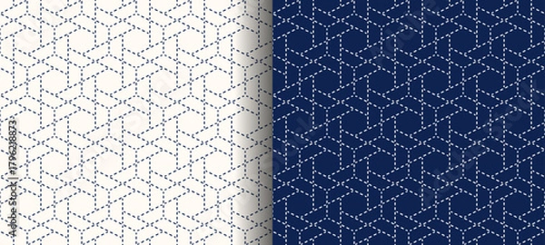 Obraz 刺し子風シームレスパターン　日本の伝統文様、結び重ね亀甲