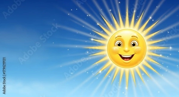 Obraz Cheerful Smiling Sun with Bright Rays in Blue Sky with Sparkles for Children's or Weather Themes