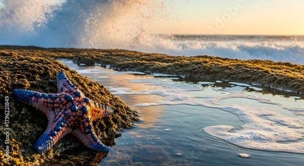 Obraz Starfish on sandy beach with ocean waves during sunset