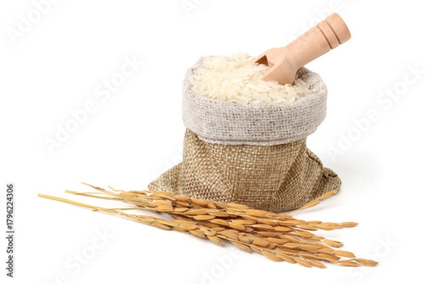 Fototapeta Rice in a jute sack with rice grains and a wooden spoon to scoop it out. isolated on white background.