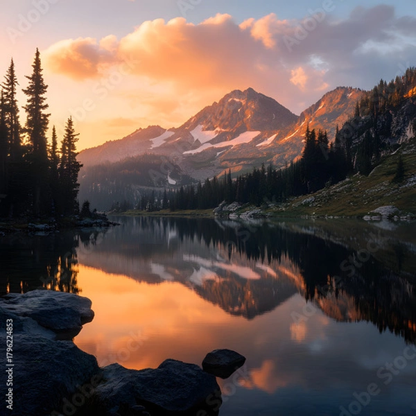 Fototapeta AI Cinematic Mountain Lake Reflection At Sunrise Technology Background