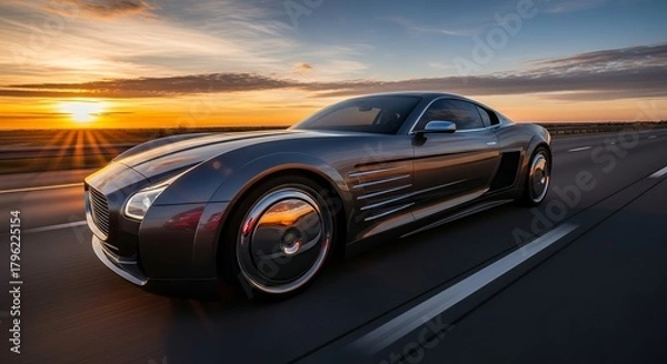 Obraz Black Luxury Sports Car Driving on Highway at Sunset
