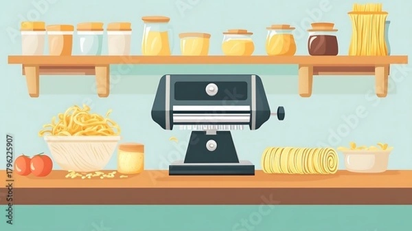 Fototapeta Culinary Flat Vector Of A Pasta Maker With Rolled Food Illustration