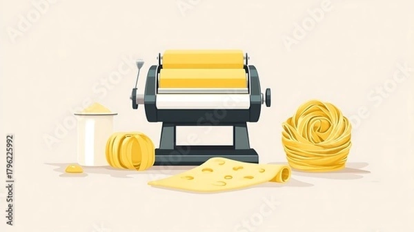 Fototapeta Culinary Flat Vector Of A Pasta Maker With Rolled Food Illustration