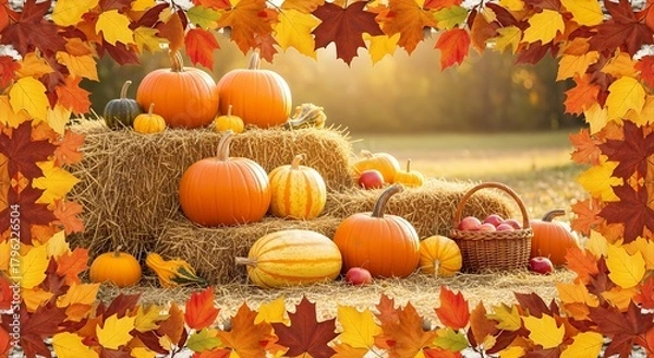 Obraz Autumn Harvest Pumpkins and Gourds Display with Fall Leaves in Warm Sunset Light