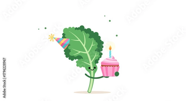 Obraz Animated Kale Celebrates a Special Occasion with Sweet Cupcake and a Party Hat Design