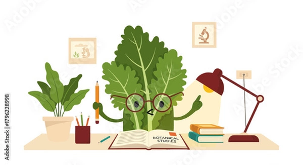 Obraz Animated Lettuce Character Studying Botanical Science With Books And Pencil On Table